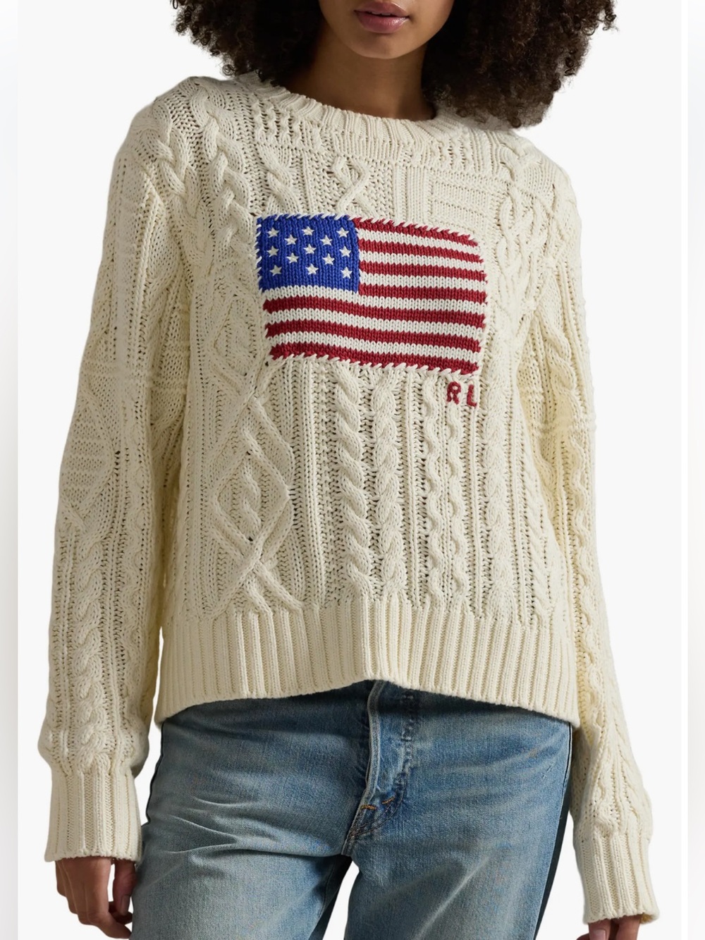 Polo by Ralph Lauren Aran Stitch American Flag Intarsia Crewneck Sweater M NWT - Picture 1 of 12